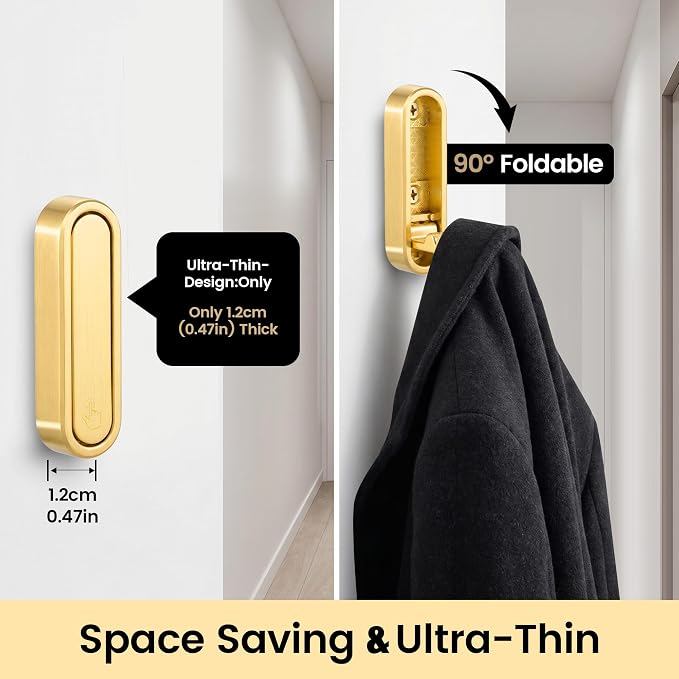 6PCS Foldable Wall Hooks, Zinc Alloy Flip Down Hooks, Retractable Wall Hooks for Bathroom, Entryway, Hanging Coats Hats Bags Keys (Gold)