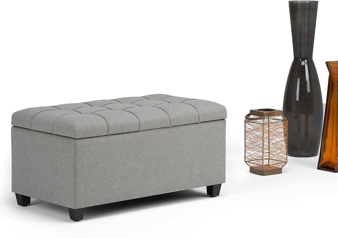 SIMPLIHOME Shiloh 48" Wide Vegan Leather Ottoman in Chestnut Brown | Transitional ottoman with tufting and lift-up lid; rectangle storage bench for living room or entryway.