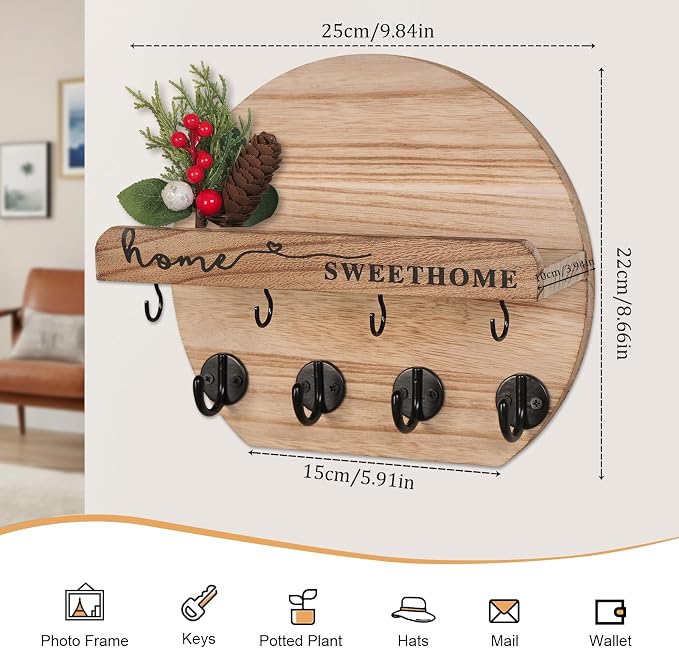 Key Holder for Wall, Key and Mail Holder Organizer - Key Holder Wall Mount with Bouquet Shelf and Key Hooks, Round Wooden Rustic Key Rack for Entryway and Home Decor (Wood)