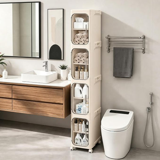4-Tier Tall Narrow Slim Bathroom Storage Cabinet, Cream White | Tool Free Assembly, Adjustable Shelves, Fits for Narrow Spaces, Reinforced Stability, Magnetic Clear Door