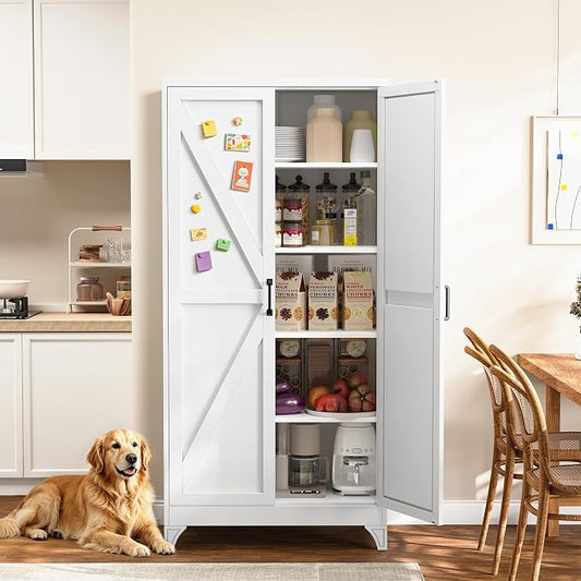 Yizosh Metal Storage Cabinet with Doors and 4 Adjustable Shelves - 75" White Kitchen Pantry Storage,4-Tier Tall Steel Cabinet Locker for Kitchen,Living Room,Dining Room