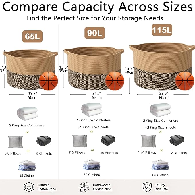 65L Large Blanket Basket,Rope Woven Laundry Baskets-Jute&Black | Collapsible, reinforced handles, nursery storage bin organizes clothes, toys and pillows for living room, bedroom bathroom