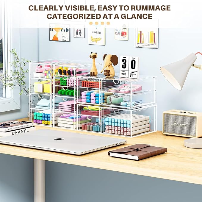 caktraie 4-Pack Acrylic 16-Drawer Storage & Makeup Organizer for Desk | Smooth-glide drawers, clear acrylic, stackable, dustproof, wipe clean, for office supplies, pens, jewelry, makeup