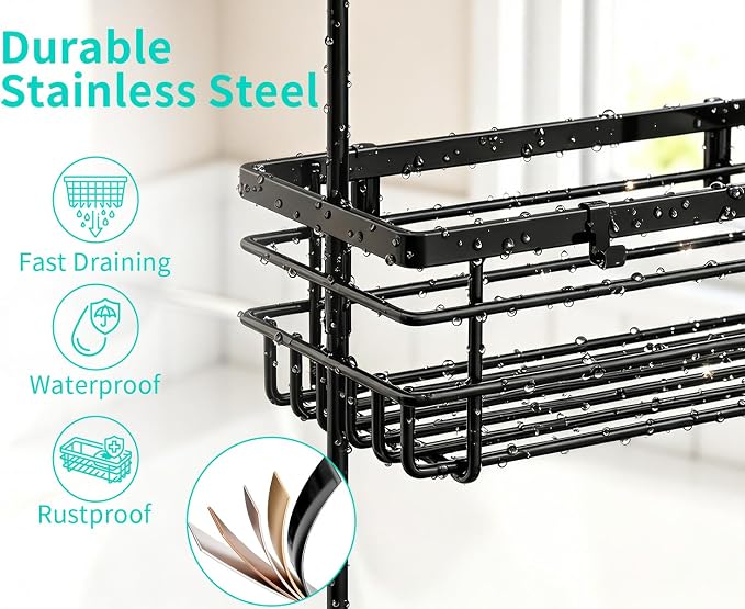 HapiRm Hanging Shower Caddy – For Renters & Small Bathrooms, Fits Shower Curtain Rods, No Drilling, 2 Rustproof 304 Shelves, 4 Hooks, and a Detachable Toothbrush Holder You Can Rinse - Black