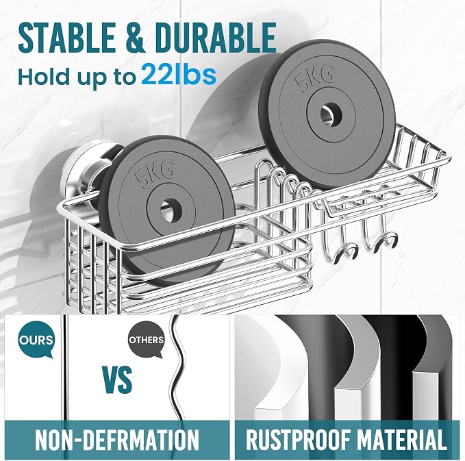 TAILI Shower Caddy Suction Cup with Hooks & Soap Holder, Heavy Duty Bathroom Shower Organizers, Removable Bathroom Shelves for Inside,Stainless Steel Bathroom Holder