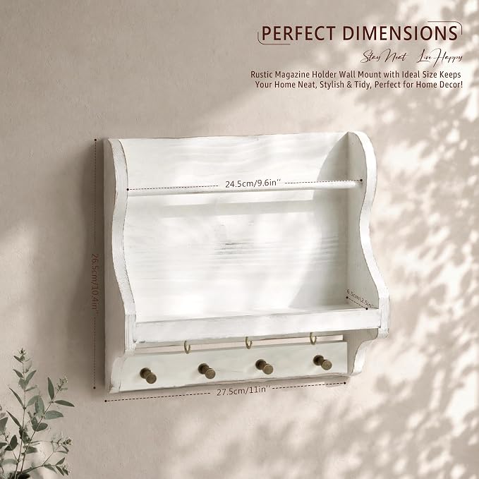 Pine Wood Mail Organizer Wall Mount with 7 Hooks for Home Decor, Whitewash | Mail Holder for Wall, Sunglasses and Wallets, Key Hanger, Farmhouse Magazine Holder, Wall Storage, Apartment Rustic Aesthetic