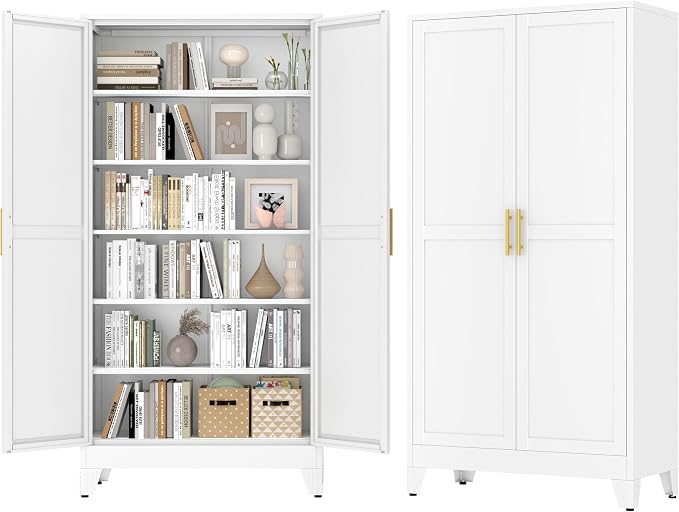 GAIOUS 79" Tall Kitchen Pantry Cabinet,Metal Storage Cabinet White Cupboard | with 2 Doors and 5 Adjustable Shelves, Freestanding Cupboard, 6 Tier Steel Storage for Office Kitchen Dining Garage Hallways