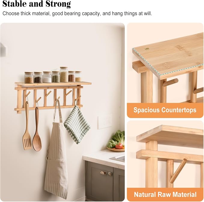 Key Holder for Wall with Shelf and 6 Rotating Key Hooks Bamboo | Key Hanger Wall-mounted with shelf decorative Coat Rack organizer for Rustic Entrances Hallway Living room Bedroom Kitchen