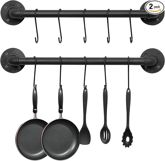 OROPY 21'' Pot Rack Wall Mounted, Iron Pipe Hanging Rack, 10 S Hooks, 2Pack | Industrial Utensils Kitchen Hanging Rail, Pot and Pan Organizer, Pot Lid Organizer, Black