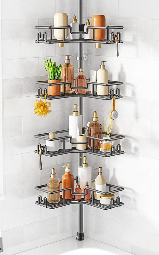 HAMITOR Adjustable Bathroom Storage, 4-Tier Tension Pole Shower Caddy, Gray | Rustproof Floor-To-Ceiling Tension Mounted Shampoo Organizer, No Drilling, Space-Saving Home Essentials For Renters 47-123in