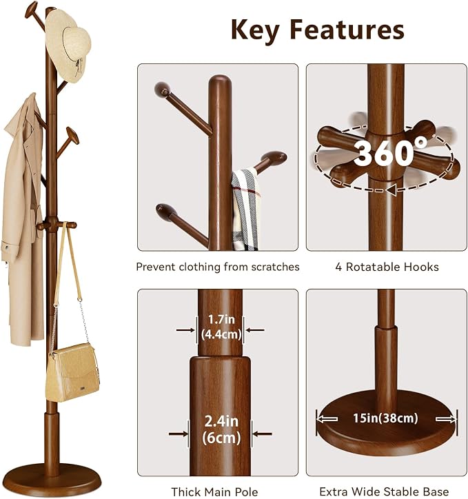 Taitiy Solid Wood Coat Rack Freestanding Coat Tree with 10 Hooks | for Bedroom, Livingroom, Entryway, Sturdy Coat Hanger Stand for Hats, Coats, Scarves, Handbags, Purses