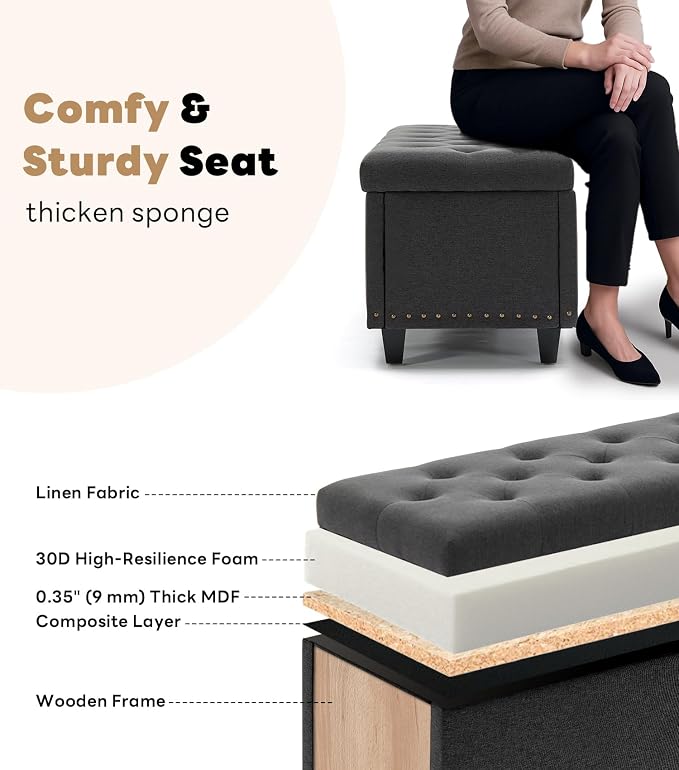 Tbfit 50.8" Ottoman With Storage, Storage Bench with Button-Tufted, End of Bed Storage Bench Safety Hinge with Rivets, Large Storage Ottoman Bench for Bedroom, Living Room, Foot of Bed, Entryway(Grey)