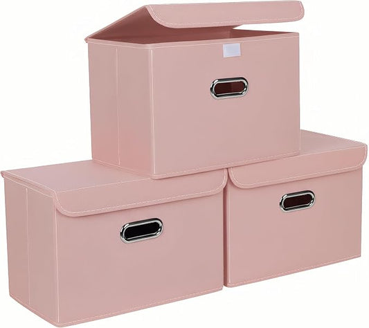 STOREONE Fabric Storage Cube Bins Foldable Organizer Container Collapsible Basket with Lids and Metal Handles, for Home, Bedroom, Closet 3 Pcs (multicolour-pink)
