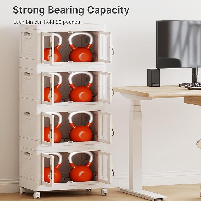 Stackable Storage Bins with Lids, 192QT Extra Large Storage Cabinet | Clear Doors, Foldable Storage Drawers, Heavy Duty, Collapsible Closet Organizers for Bedroom Office (4, White, 48, Quarts)