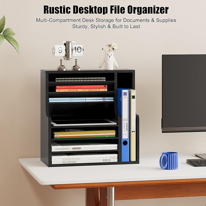 Wood Desktop File Holder Organizer Mail Sorter for File Folders, Mails, Envelopes or Magazines, 8 Compartments (Black)