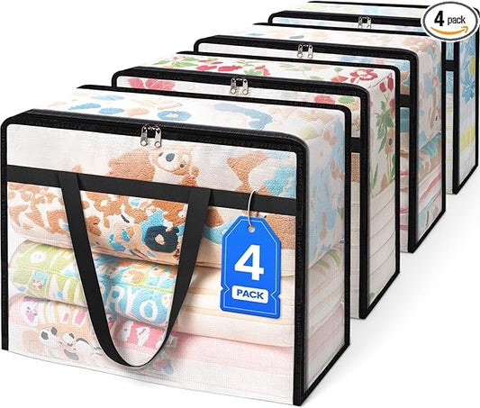 BlissTotes 4 Pack Clear Clothes Storage Bags, Moving Bags, Foldable Blanket Storage Under Bed Storage Containers with Sturdy Zipper and Handle for Clothing, Comforter, Bedding, Sheet (90L)