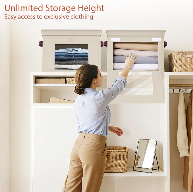Univivi Front Opening Storage Bins with Lids for Closet, Beige, 4 Pack | Foldable Fabric Storage Cubes, Large Closet Organizers and Storage with Clear Window & Handles for Clothes Storage