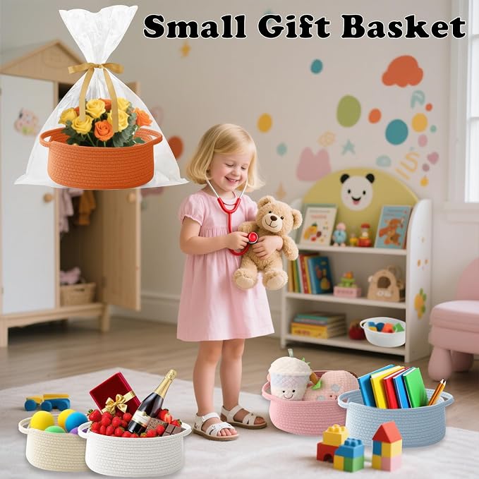 Woven Rope Basket - Baby Gift Basket with Bag & Ribbon, Orange | Cotton rope with handle, 12 x 8 x 5 in, gift bag and ribbon, for baby shower, birthday, toy storage, nursery, shelf decor