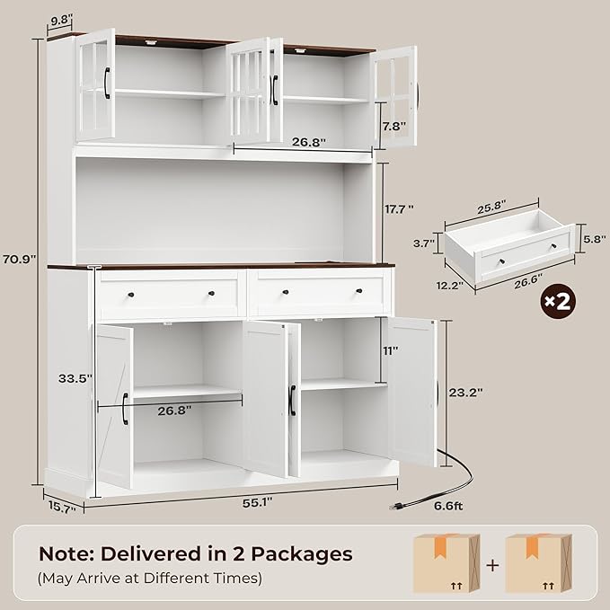 71''H x 55.1''W Pantry Cabinet with Charging Station, 4 Wide Cabinets Kitchen Pantry with 2 Drawers, Farmhouse Hutch Storage Cabinet, Tall Coffee Bar, Acrylic Door, Adjustable Shelves, White