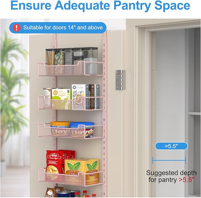 VyGrow 12.3" W Narrow Over the Door Pantry Organizer, 6-Tier Over the Door Organizer with Adjustable Basket, Pantry Door Organization for Pantry Kitchen Storage Room Spice Rack, Pink