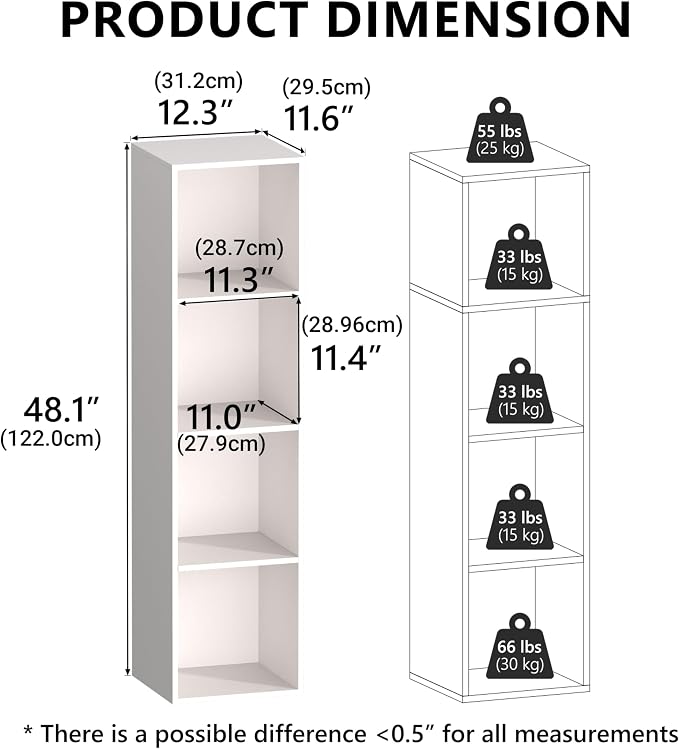 4 Cube Storage Organizer, Cube Shelf, Freestanding 4 Tier Open Shelf Bookcase for Home Office, Bedroom, Living Room, Study, White