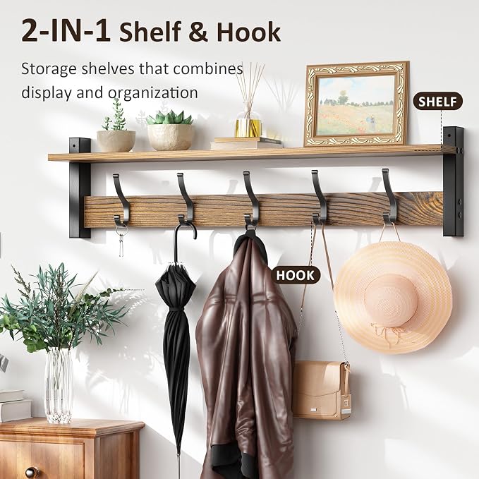 Optish Coat Rack Wall Mount with Shelf, 29 Inch Coat Hanger Walls Mounted, Hat Rack for Walls, Shelf with 5 Coat Hooks, Wall Hanger for Entryway (Brown)