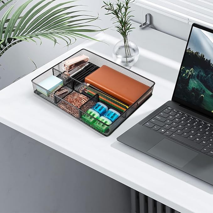 VyGrow Desk Drawer Organizer Tray, Metal Mesh Drawer Organizers Office, 4 Grid with Adjustable Compartment, Desk Organizer Tray for Home Office 12x10.6x1.9 inch Black, 2 Pack
