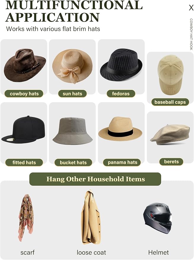 Cinati Cowboy Hat Rack for Wall 6 Pack, Cowboy Hat Holder Wall Mount, Western Rustic Metal Hats Hanger Hooks Organizer for Fedora,Sun Hats,Wide Brim, Extra Hooks for Baseball Caps,Western Room Decor