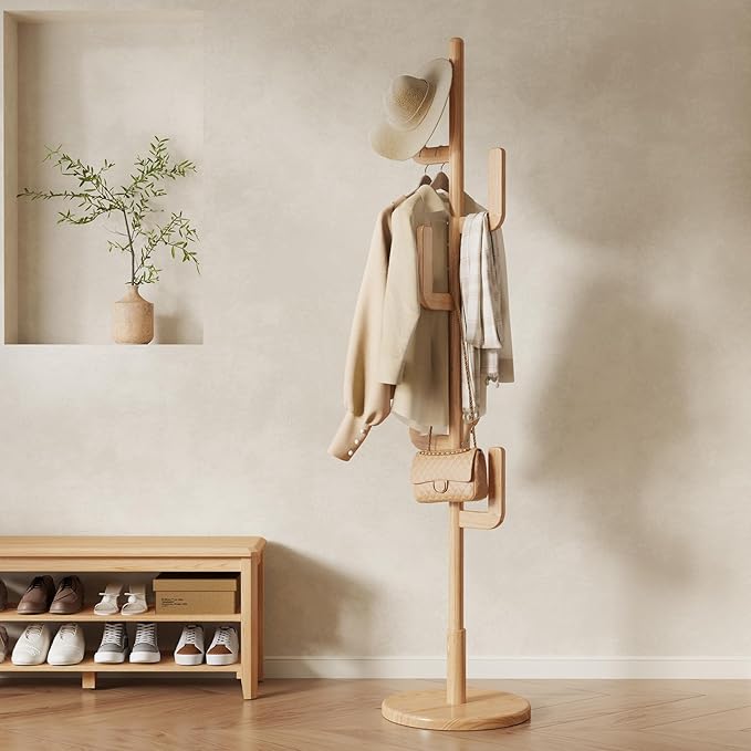 Solid Wood Cactus Coat Rack, Freestanding Coat Rack With 6 L-Shaped Hooks and 3 Adjustable Sizes, Coat Tree for Bedroom, Entryway, Livingroom, Coat Hanger Stand for Coats, Handbags (Natural)