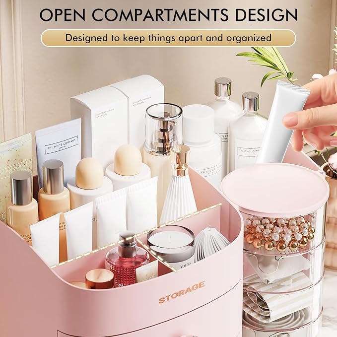 Makeup Organizer Countertop with Drawers, Make up Organizers for Vanity | Skincare Jewelry Earring Organizers, Cosmetic Display Cases Makeup Storage for Bathroom|Dresser, Ideal Gifts for Women(Pink)