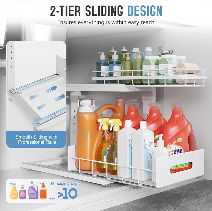 Under Sink Organizer Upgrade To Professional Rails,2-Tier Dual Pull Out Cabinet Storage,Height Adjustable Slide Out Drawers For Bathroom Kitchen,2 Pack-16.7"Dx12.8"-16.9"H,White