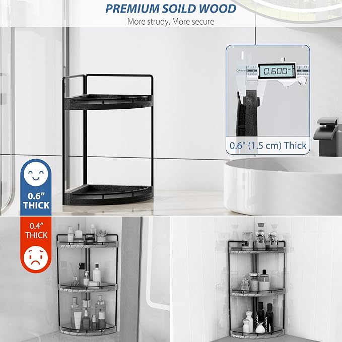 Corner Bathroom Counter Organizer, 2 Tier Wood Vanity Storage, Waterproof Skincare Shelf for Kitchen & Toiletries Decor, Dresser (Black-2 Tier)