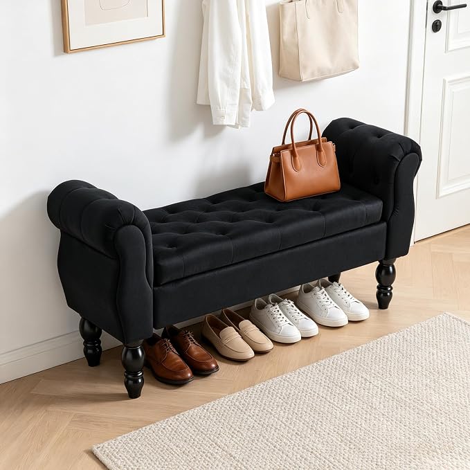 47″ Storage Bench with Arms End of Bed Bench,Velvet Entryway Bench with Storage, Button Tufted Upholstered Ottoman Bench Wood Legs, Window Sitting Bench for Bedroom/Living Room/Hallway, Black