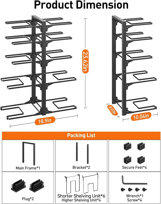 Pots and Pans Organizer Under Cabinet 23.6" 10-Tier Adjustable Black | 2 DIY Modes, Tool-Free Assembly, Max 150 Lbs, Fits Large Stockpots, Cast Iron Pans & Heavy Cookware, For Kitchen Cabinets