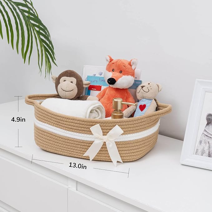 CHICVITA Small Woven Rope Gift Basket, Nursery Storage Basket, Camel | 13" x 10" x 5", Towels, Snacks, Toys & Diapers Storage, Bathroom, Nursery & Shelf Organization, Built-In Handles
