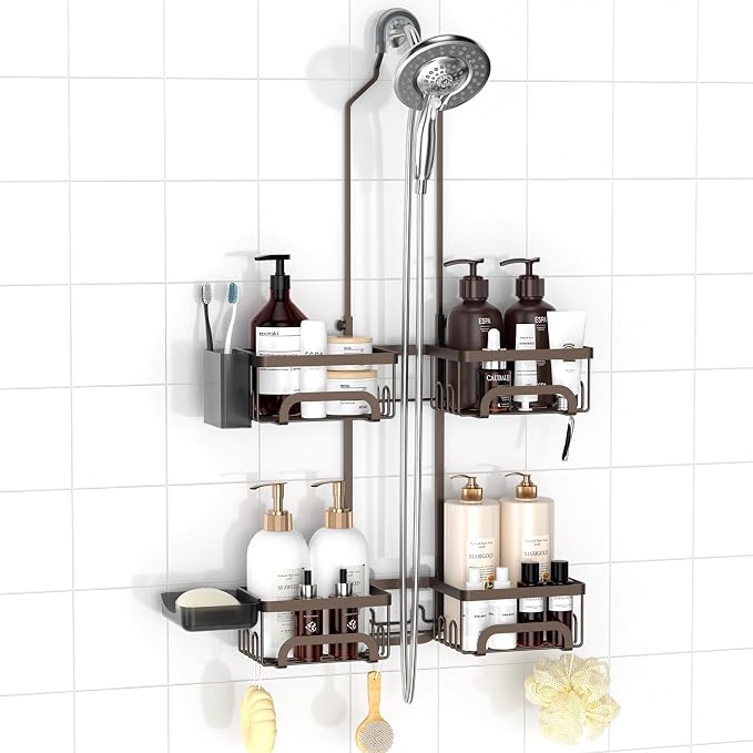 REINHARDT Split Shower Caddy Hanging for Handheld Showerheads, Bronze | Adjustable Shower Organizer, Rustproof, 16 Hooks, Soap Holder, 40lbs Capacity, Anti-Slip, Tool-Free, Bathroom Accessories