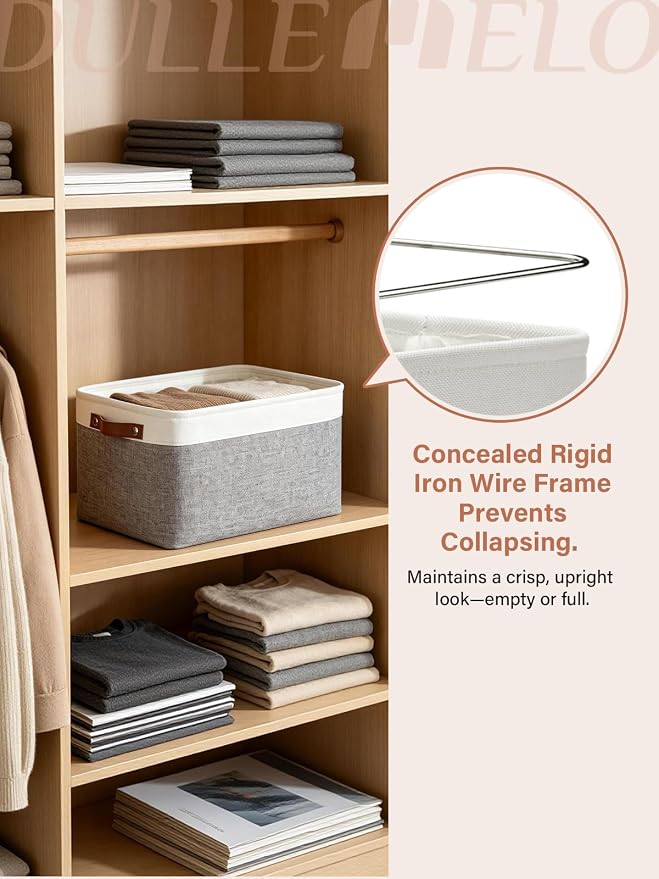 DULLEMELO Storage Baskets for Organizing, Rectangular Fabric Storage Bins Collapsible, Perfect for Shelves, Closets, Empty Gift Baskets (3-Pack Medium-15 inch X 11 inch X 9.5 inch , White&Grey)