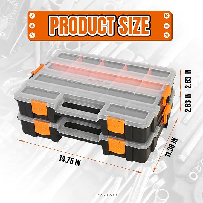 Jack Boss Tool Box with Transparent Lid, Single Side 17-Compartments Organizer Box with Removable Dividers for Hardware, Screws, Bolts, Nails, Beads, Jewelry and Fishing Accessories, Orange, 2 Pack