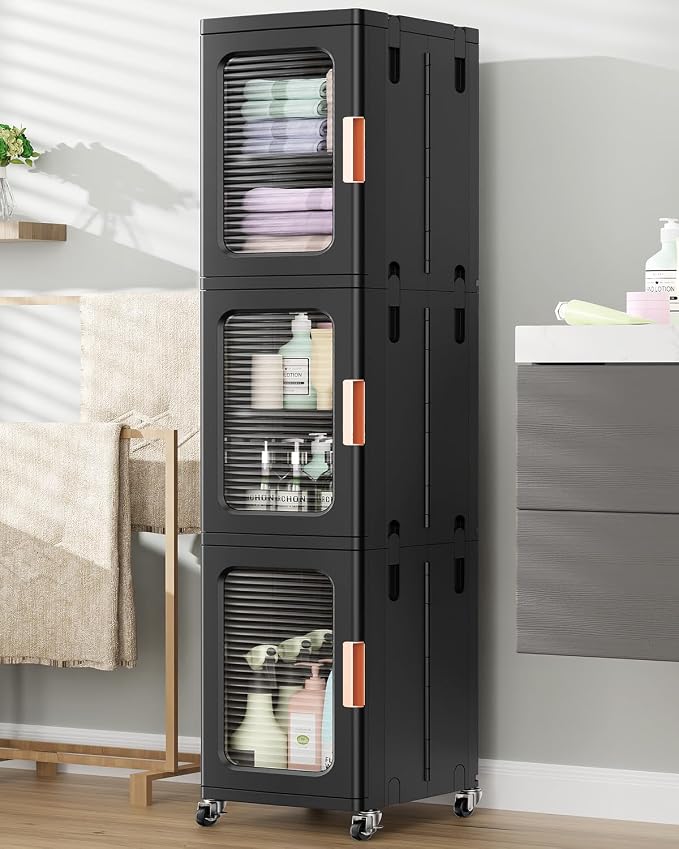 BROVIEW 3-Tier Tall Narrow Storage Cabinet Organizer, Slim Bathroom Cabinets with Adjustable Shelves and Doors, Plastic Kitchen Pantry Organizers and Storages for Small Space, Laundry, Black