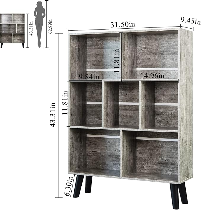 LEYAOYAO Cube Bookshelf, Mid-Century Modern Book Shelf with Legs,Dirty Grey | 3 Tier Bookcase, Rustic Wood Bookshelves Freestanding Small Storage Organizer, Open Shelves for Bedroom, Living Room, Office