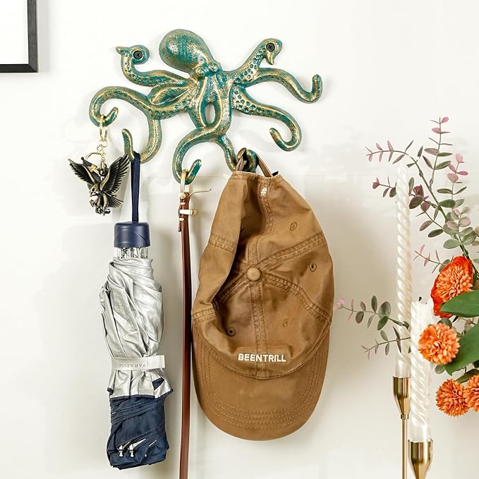 Sungmor Cast Iron Key Holder for Wall, Green Octopus Hanger with 6 Hooks, | Wall Hooks for Towel, Bathrobe, Necklaces, Purse, Dog Leashes, Bathroom Nautical Decor
