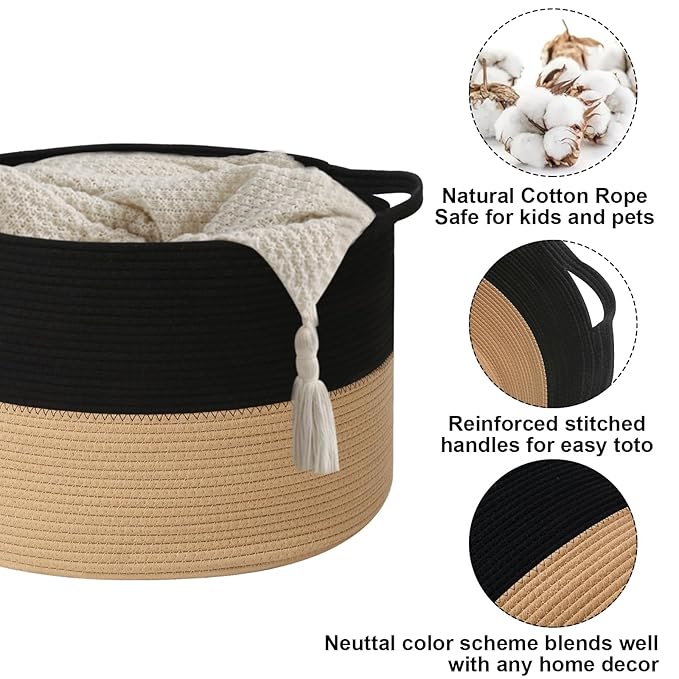 65L Large Blanket Basket,Woven Laundry Basket-Black&Camel | Collapsible, reinforced handles, nursery storage bin organizes clothes, toys and pillows for living room, bedroom bathroom