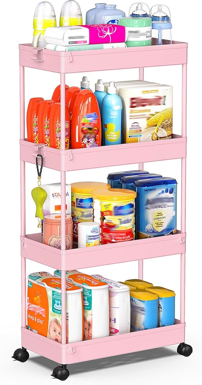 SPACEKEEPER 4 Tier Rolling Cart, Bathroom Cart Organizer with Wheels, Pink | Mobile Storage Cart for Laundry Room Organization,Kitchen,Office,Bathroom, Utility Cart for Snack,Craft,Art,Makeup,Nail,Toys