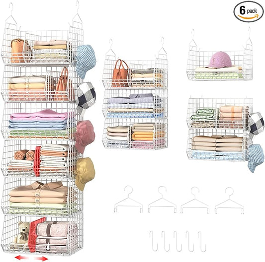 6 Tier Extra Large Hanging Closet Organizer, Closet Storage Hanging with Dividers, Wire Closet Shelf with 5 S Hooks 4 Dividers,Sweater Handbag Hat Accessory Storage Hanger,White