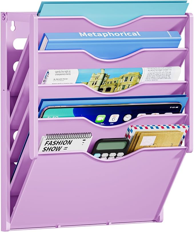 Marbrasse 5 Tier Wall File Organizer, Plastic Hanging File Holder for Mail, Magazines Paper Organizer Wall Mounted for Office Home (Purple)