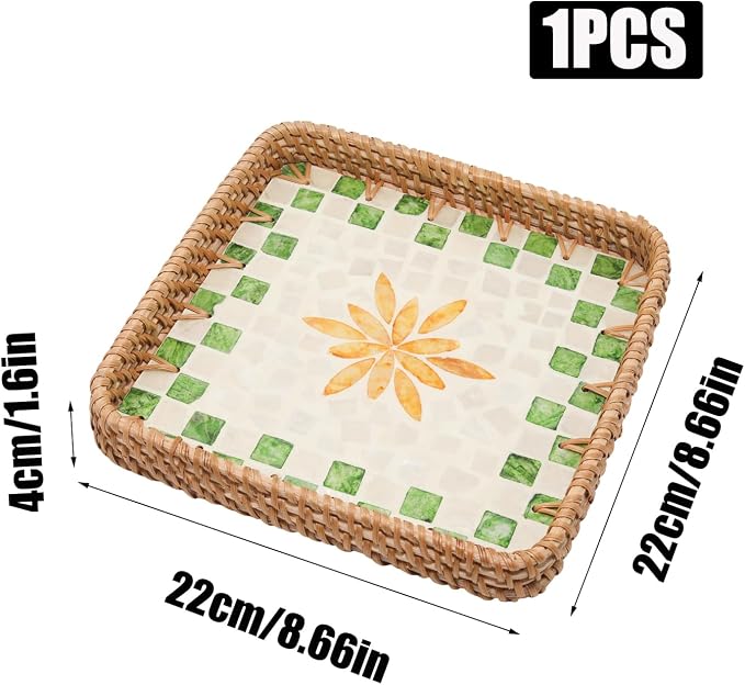 Square Rattan Decorative Tray with Mother of Pearl Inlay, 8.3" | Small 8.3 Inch Handwoven Wicker Tray with Mother of Pearl Base for Coffee Table Kitchen Bathroom Boho Farmhouse Decor Gift