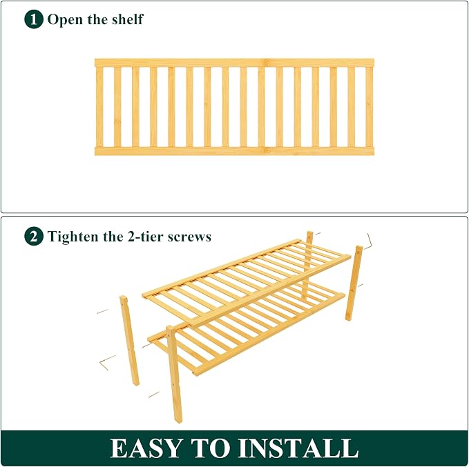 Smiry Bamboo Shoe Rack, 12 Vertical Slats, 2 Tier - 33.7" Wide, Natural | Stackable Free Standing Wooden Shoe Organizer, Wood Shoe Storage Shelf for Closet, Entryway