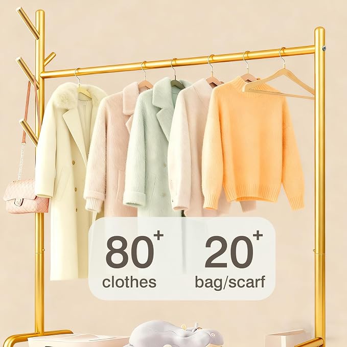 MYUPDALIN Clothes Rack with Shelves, Clothing Rack with Wheels, Multifunctional Hangers with Storage Baskets and Shoe Racks, Ideal for Bedrooms and Living Rooms (Gold, 60cm/23in)