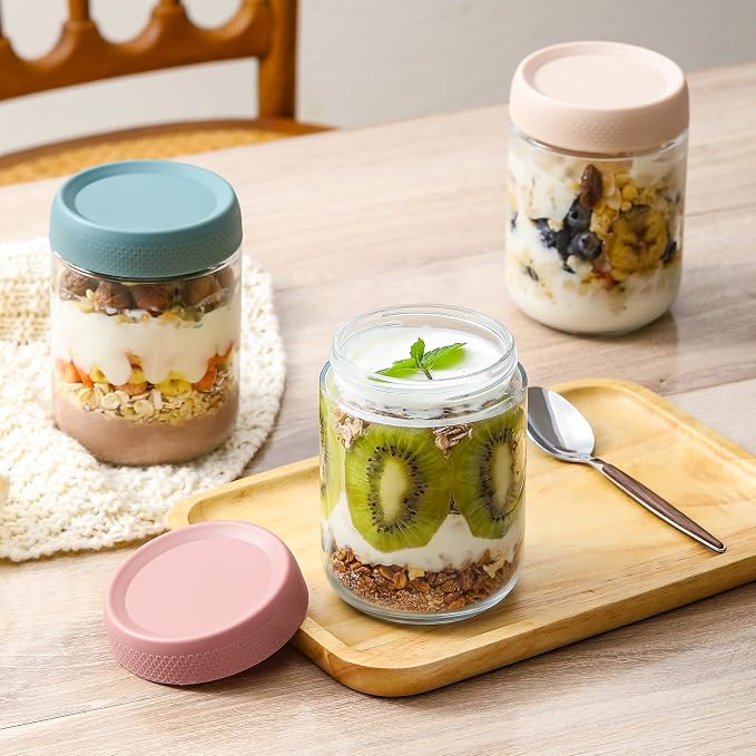 NETANY 6-pack 16 oz Overnight Oats Containers with Lids, Glass jars with Airtight Lids, Wide mouth Mason Salad jars, Glass Food Storage Containers for Snacks Yogurt Spice Sugar