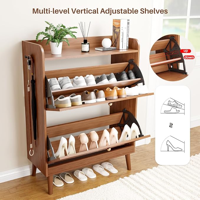 YZ HOME Shoe Storage Cabinet with 2 Flip Drawers | Entryway Shoe Cabinet, Metal Hooks & Adjustable Shelves, Freestanding Narrow Shoe Rack for Hallway Foyer, Walnut